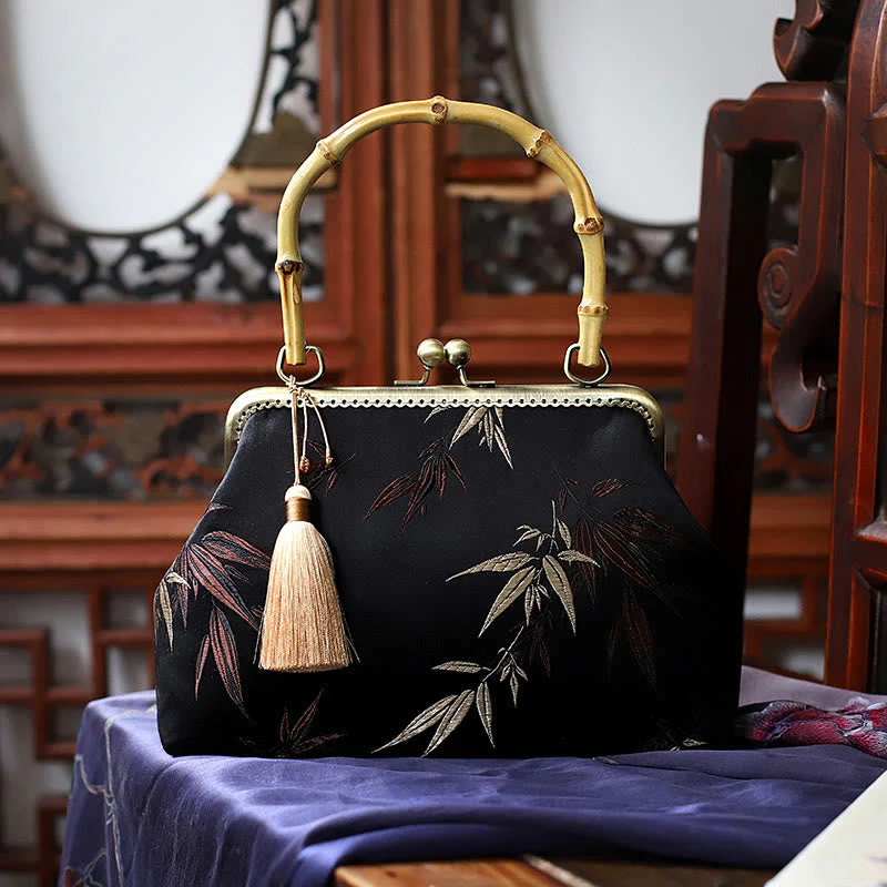 22.5cm Bamboo Handle Handbag | Dragonfly Crane Plum Blossom Leaf - Image 12