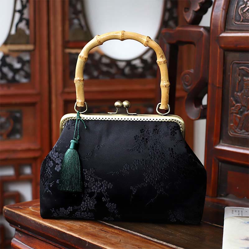 22.5cm Bamboo Handle Handbag | Dragonfly Crane Plum Blossom Leaf - Image 13