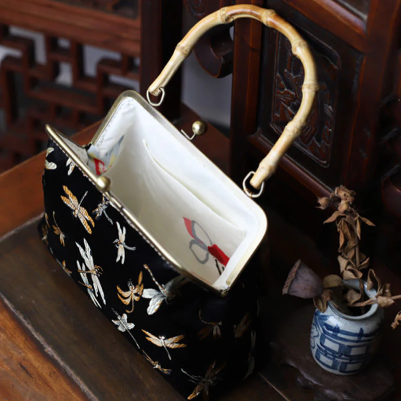 22.5cm Bamboo Handle Handbag | Dragonfly Crane Plum Blossom Leaf - Image 2