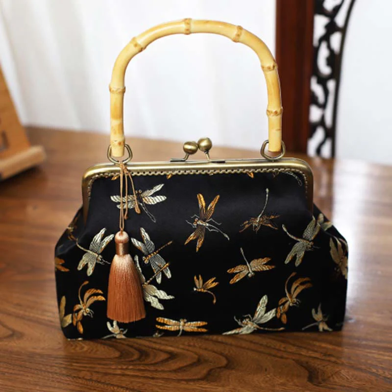 22.5cm Bamboo Handle Handbag | Dragonfly Crane Plum Blossom Leaf - Image 3