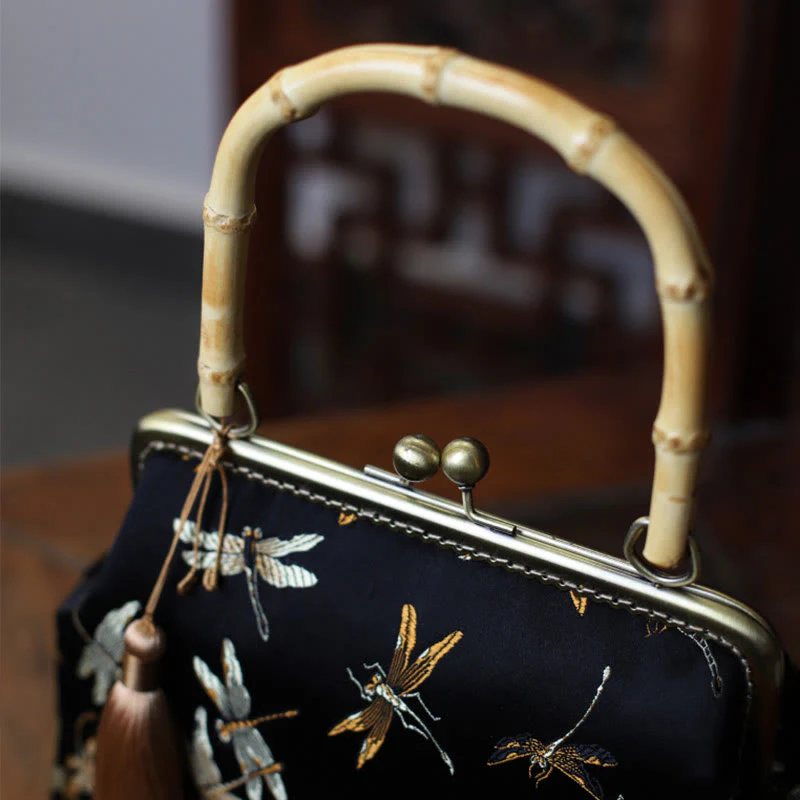 22.5cm Bamboo Handle Handbag | Dragonfly Crane Plum Blossom Leaf - Image 4