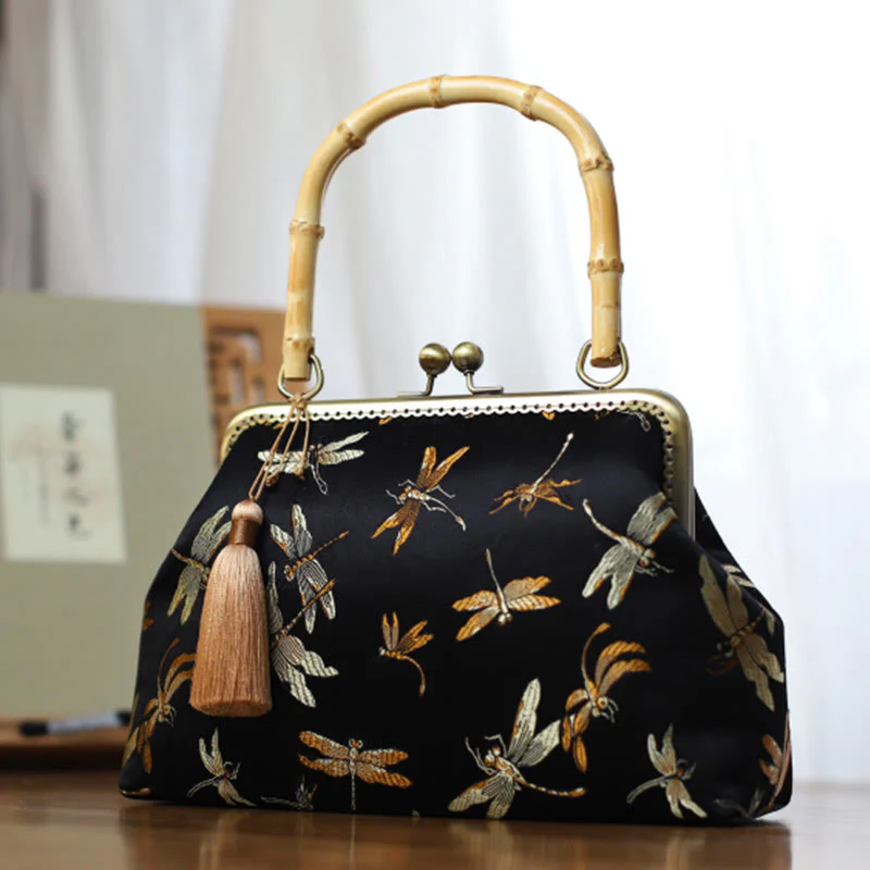 22.5cm Bamboo Handle Handbag | Dragonfly Crane Plum Blossom Leaf - Image 7