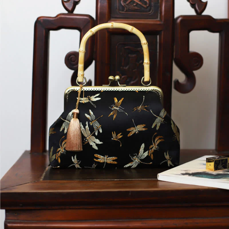 22.5cm Bamboo Handle Handbag | Dragonfly Crane Plum Blossom Leaf - Image 8