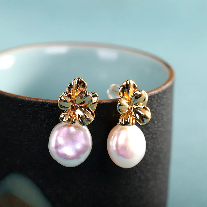 Baroque Pearl Flower Healing Drop Earrings in 925 Sterling Silver
