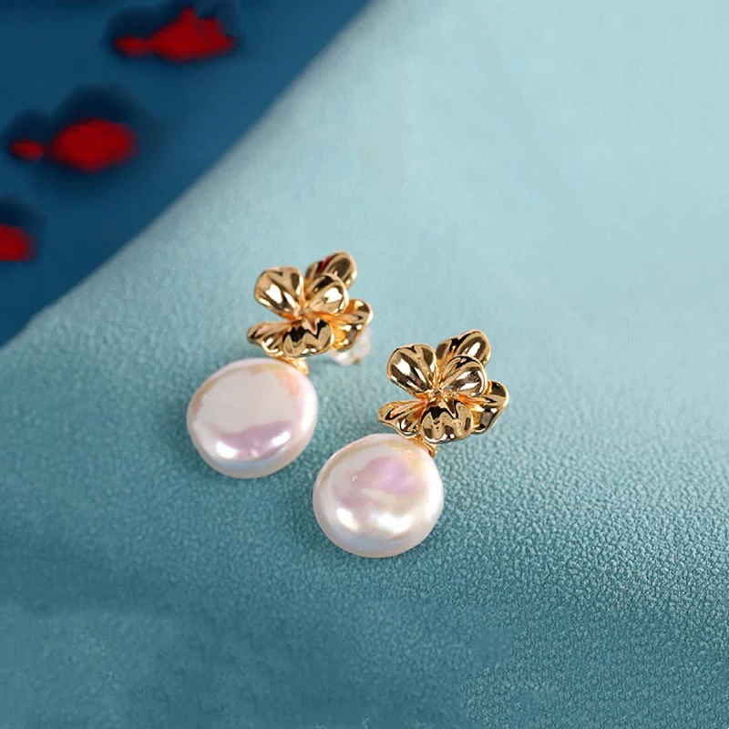 Baroque Pearl Flower Healing Drop Earrings in 925 Sterling Silver - Image 3