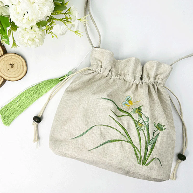 Beige Orchid Grass Cotton Linen Yoga Bag 19x20x10 cm - Image 2