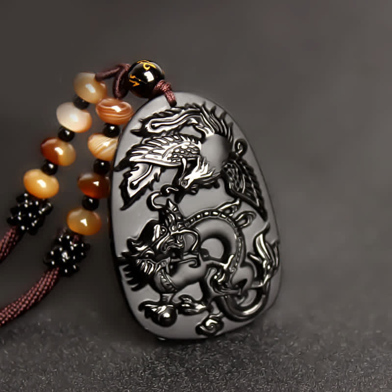 Black Obsidian Dragon Necklace with Tiger Eye Pendant for Protection - Image 2