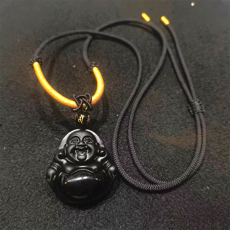 Black Obsidian Ice Obsidian Laughing Buddha Necklace | Purification - Image 13