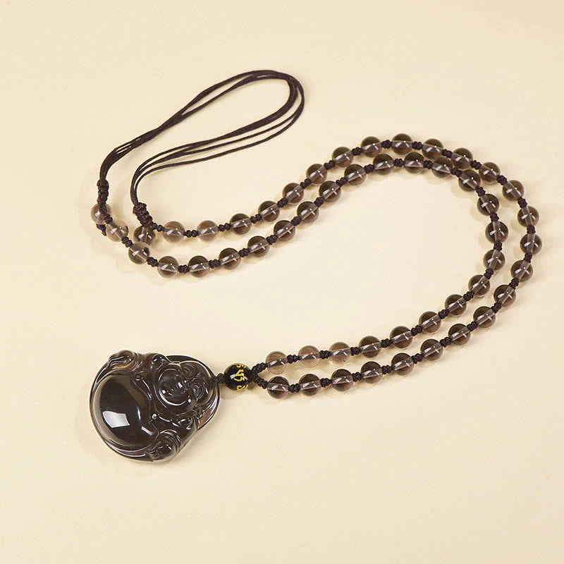 Black Obsidian Ice Obsidian Laughing Buddha Necklace | Purification - Image 3