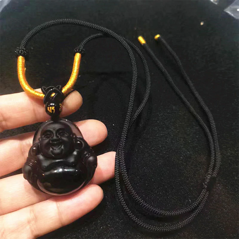 Black Obsidian Ice Obsidian Laughing Buddha Necklace | Purification - Image 5