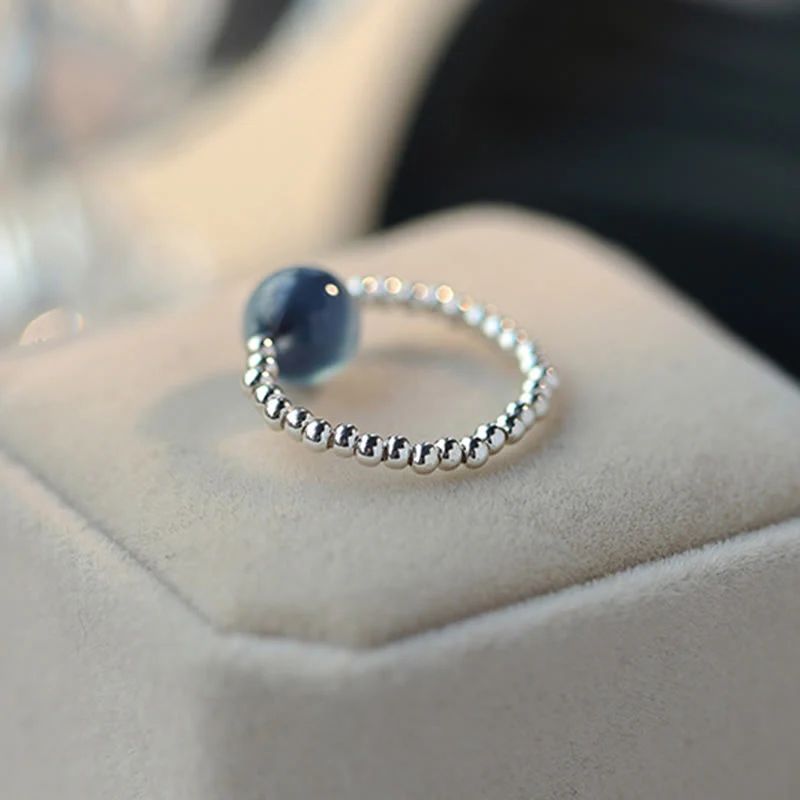 Blue Candy Agate 8mm Healing Bead Ring - Sterling Silver - Image 5