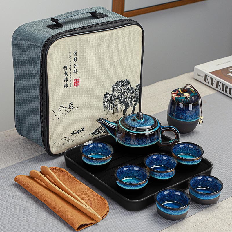 Blue Gradient Ceramic Gongfu Teapot Set for Zen Decor - Image 14