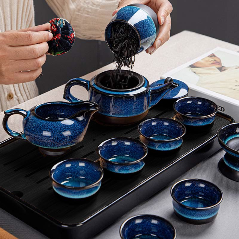 Blue Gradient Ceramic Gongfu Teapot Set for Zen Decor - Image 20