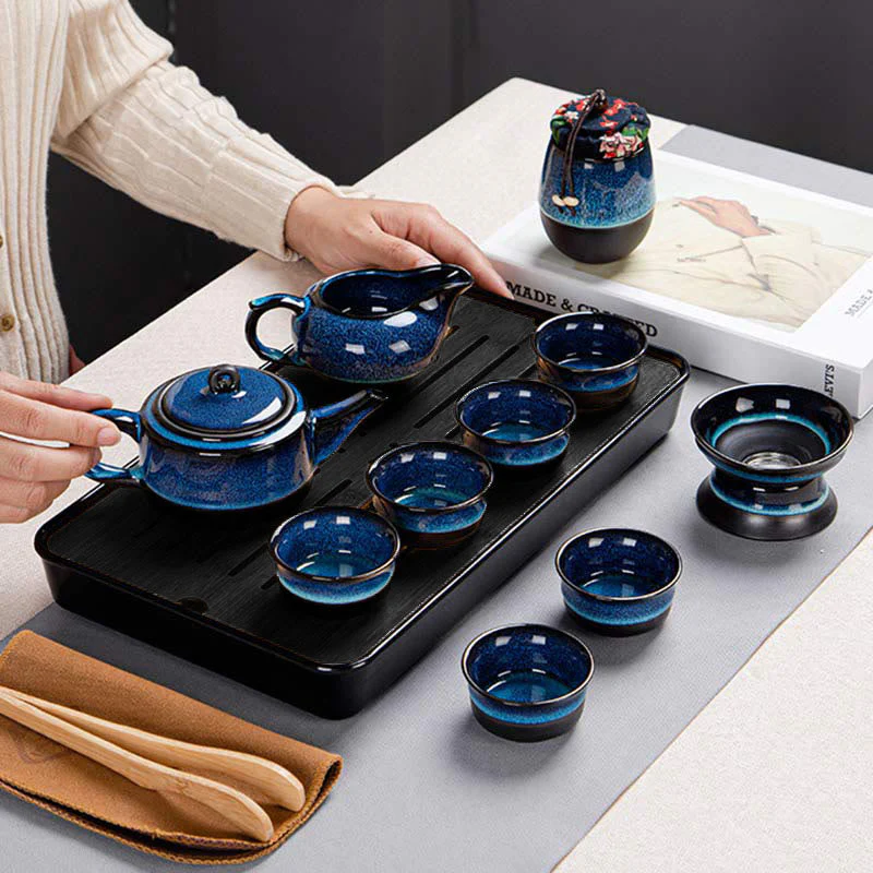 Blue Gradient Ceramic Gongfu Teapot Set for Zen Decor - Image 21