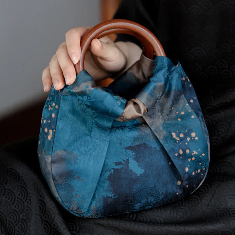 Blue Handmade Jacquard Flower Wooden Handle Bag 23cm - Image 11