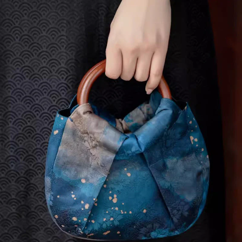 Blue Handmade Jacquard Flower Wooden Handle Bag 23cm - Image 12