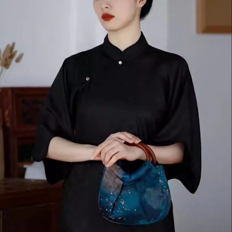 Blue Handmade Jacquard Flower Wooden Handle Bag 23cm - Image 13