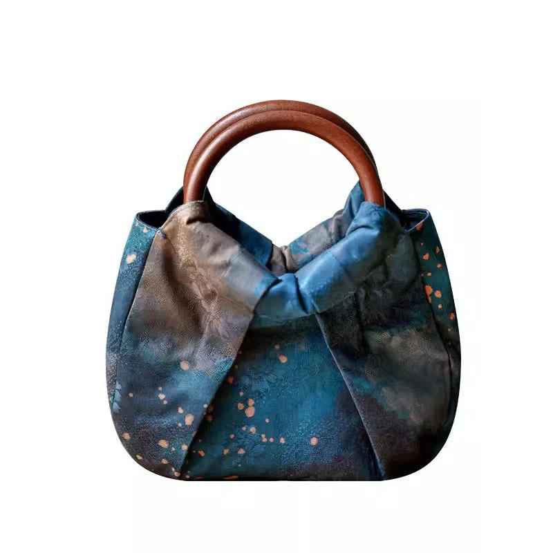 Blue Handmade Jacquard Flower Wooden Handle Bag 23cm - Image 15