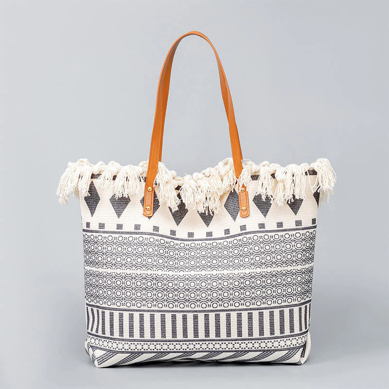 Large Canvas Tote Bag With Boho Geometric Tassels 50cm - Image 10
