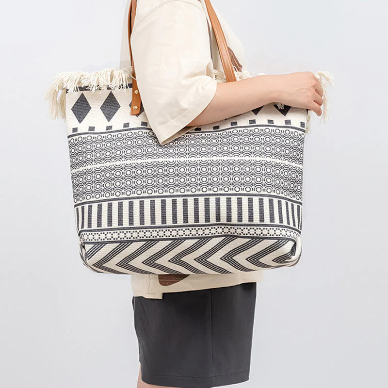 Large Canvas Tote Bag With Boho Geometric Tassels 50cm - Image 11