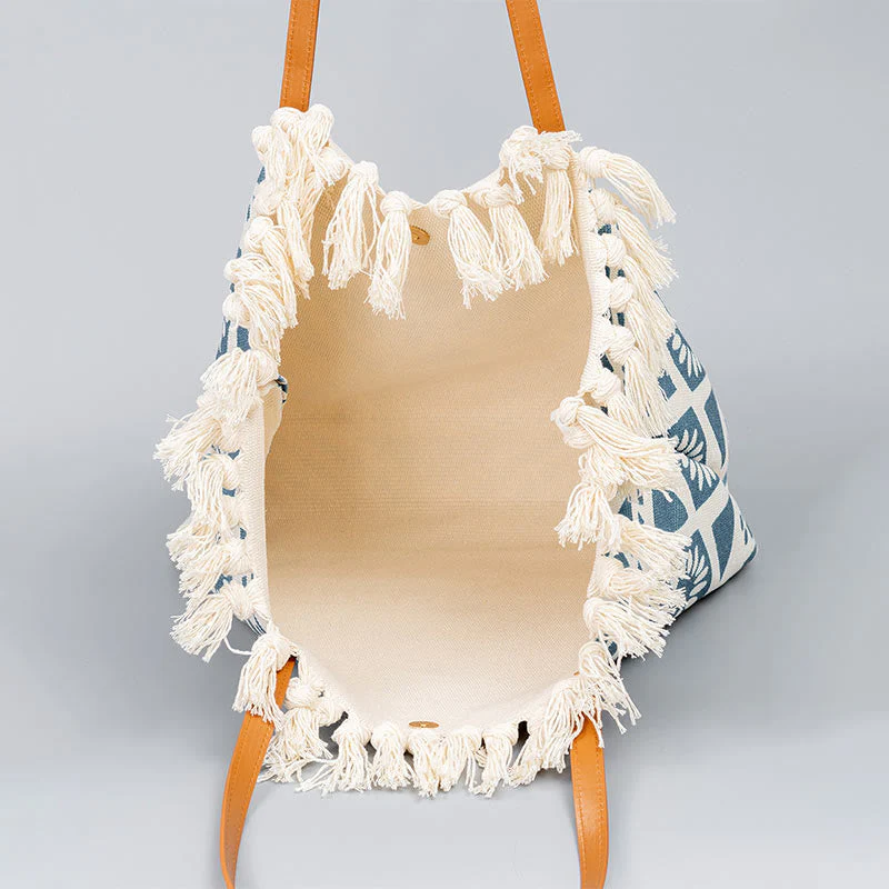 Large Canvas Tote Bag With Boho Geometric Tassels 50cm - Image 2