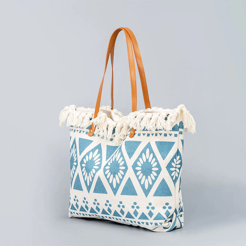 Large Canvas Tote Bag With Boho Geometric Tassels 50cm - Image 3