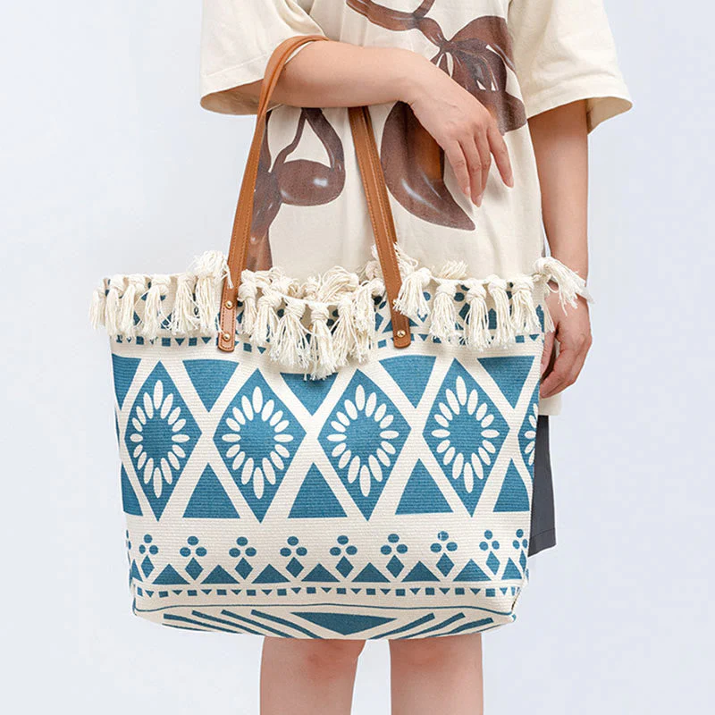 Large Canvas Tote Bag With Boho Geometric Tassels 50cm - Image 4