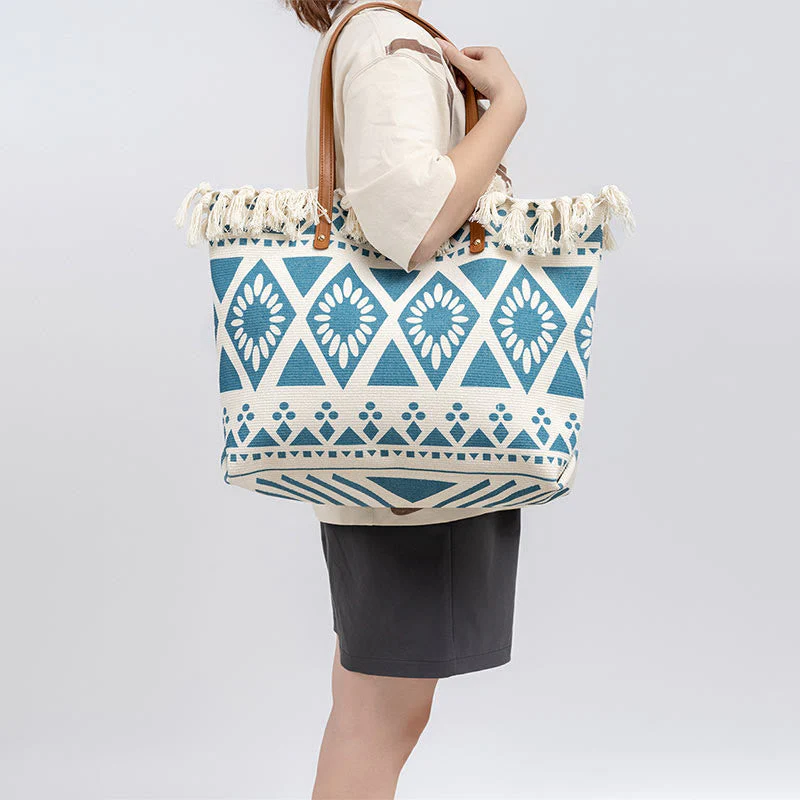 Large Canvas Tote Bag With Boho Geometric Tassels 50cm - Image 5