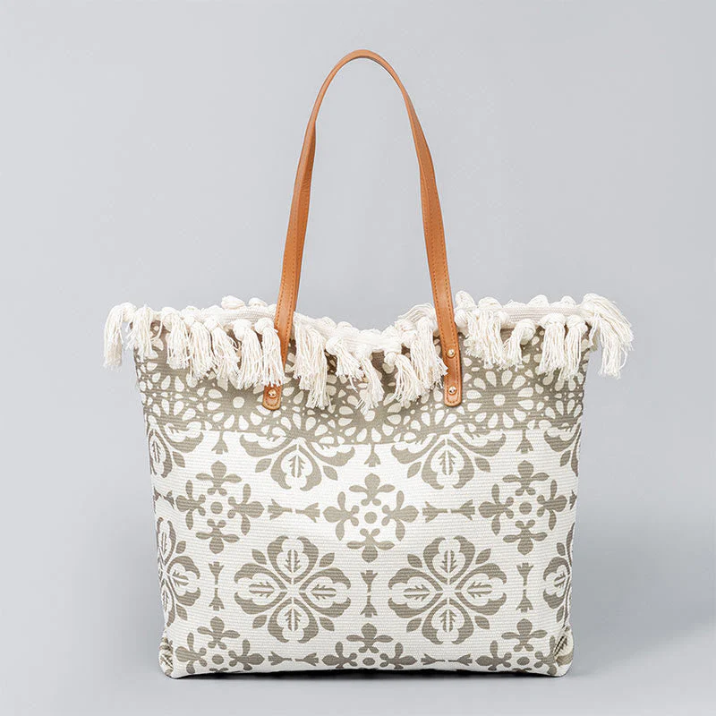 Large Canvas Tote Bag With Boho Geometric Tassels 50cm - Image 6