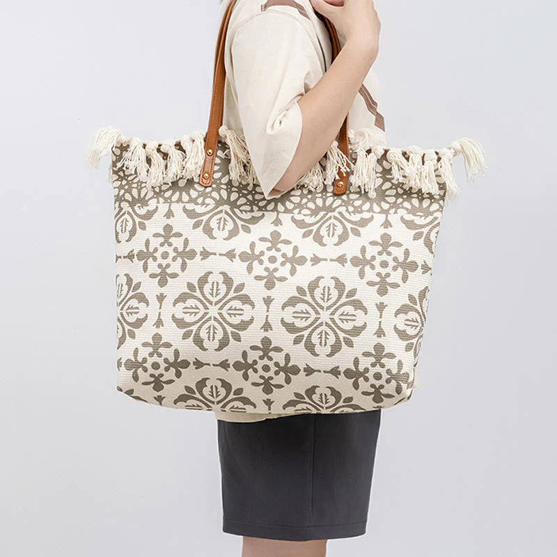 Large Canvas Tote Bag With Boho Geometric Tassels 50cm - Image 7