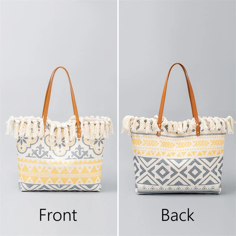 Large Canvas Tote Bag With Boho Geometric Tassels 50cm - Image 8