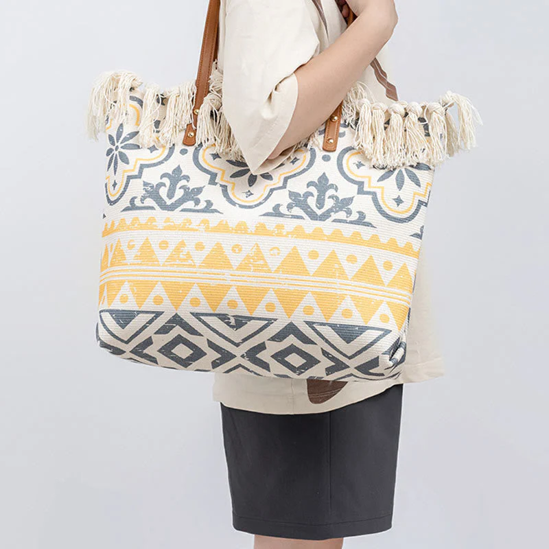 Large Canvas Tote Bag With Boho Geometric Tassels 50cm - Image 9