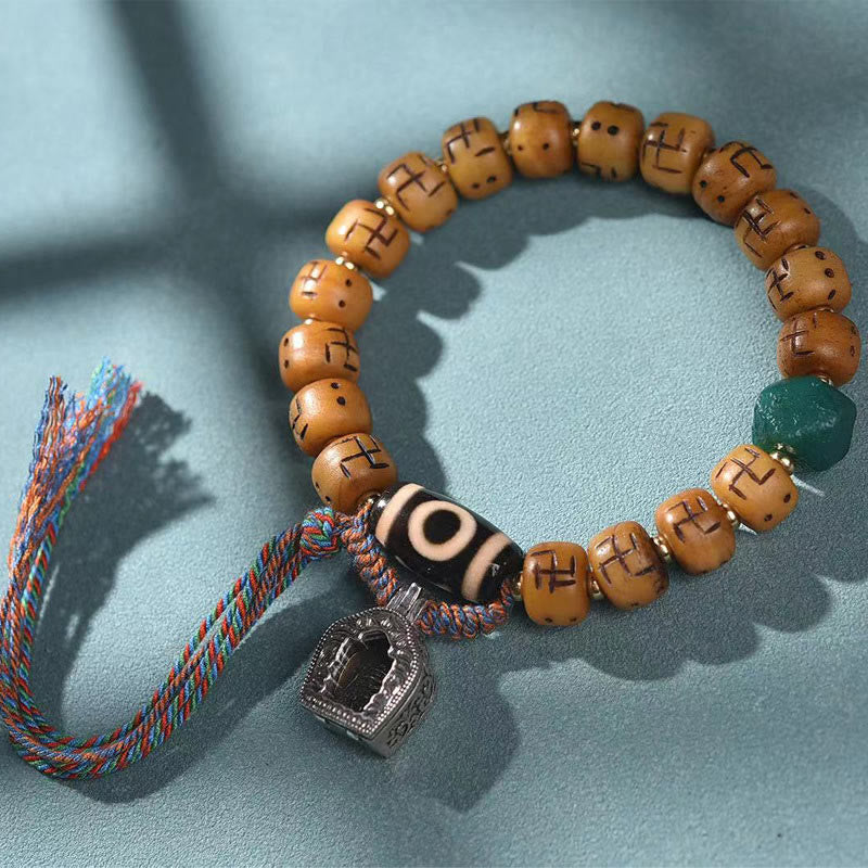 Camel Bone Swastika Dzi Buddha Bracelet for Luck & Protection