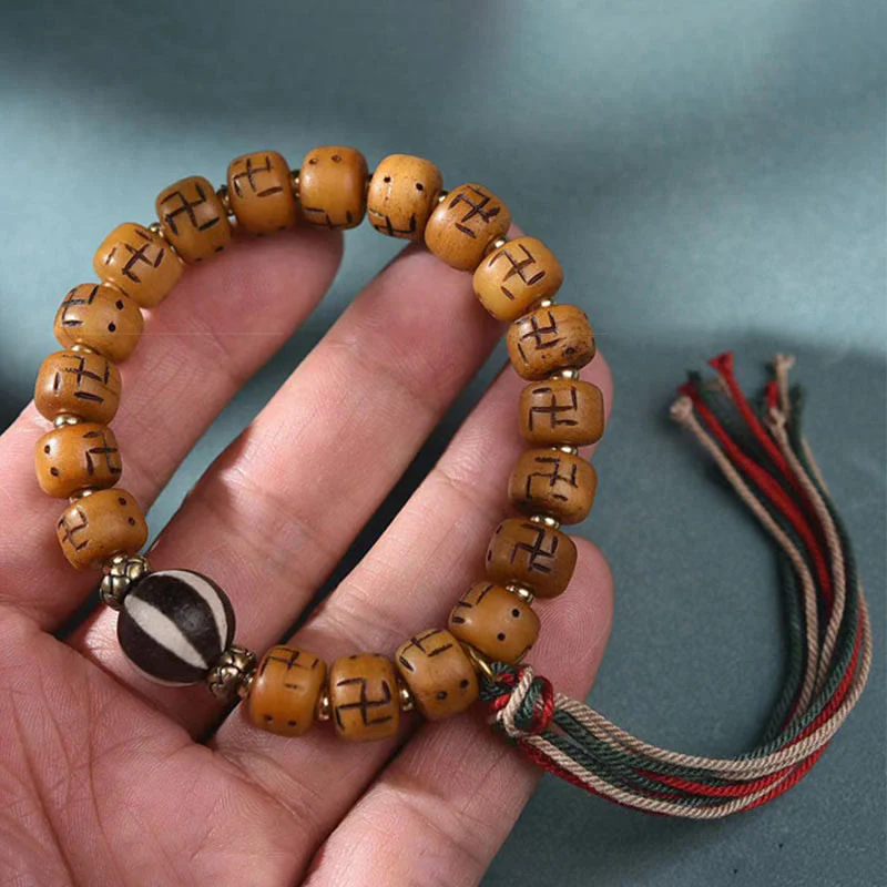Camel Bone Swastika Dzi Buddha Bracelet for Luck & Protection - Image 12