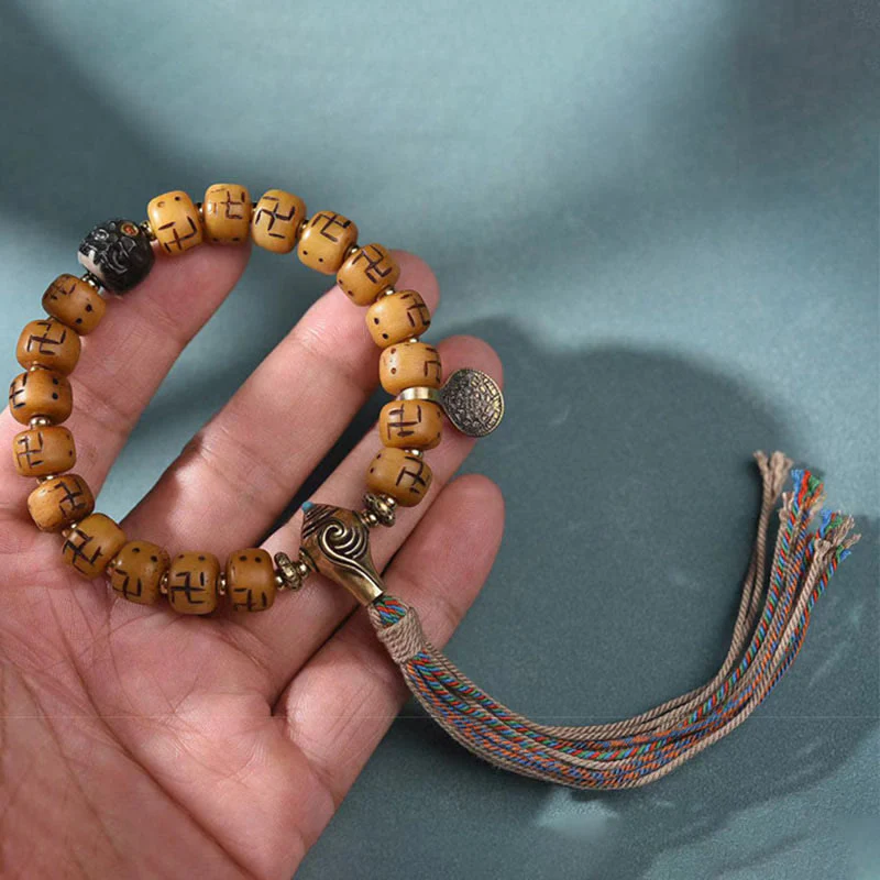 Camel Bone Swastika Dzi Buddha Bracelet for Luck & Protection - Image 5