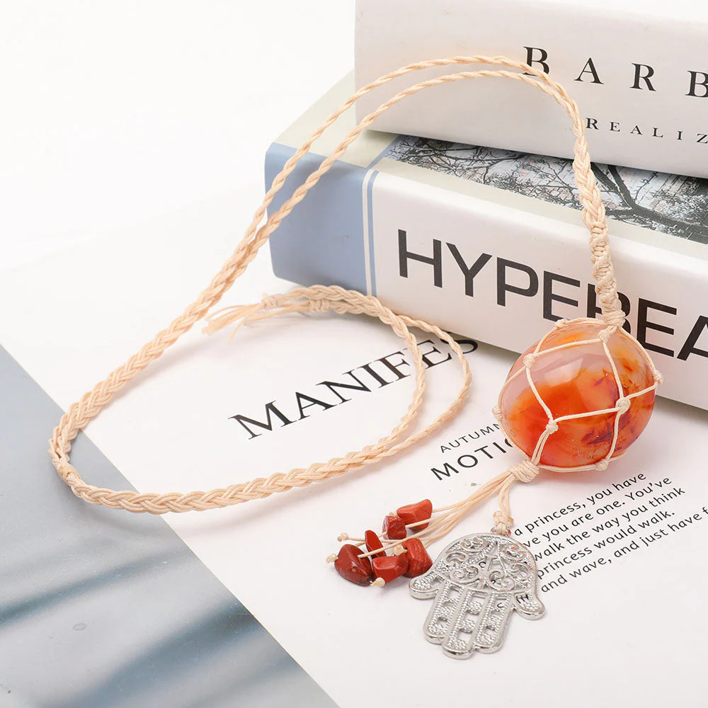 Adjustable Carnelian Hamsa Necklace Wrapped in Straw Rope - Image 5