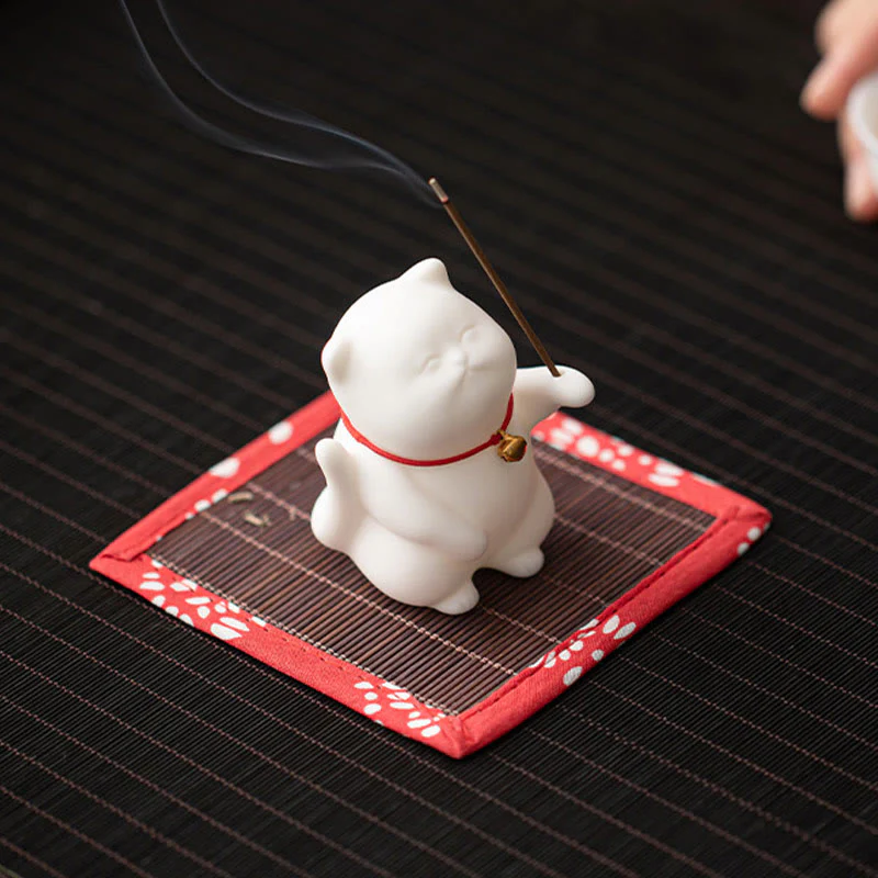 Cat Bell Ceramic Incense Burner with Bamboo Mat for Meditation - Image 5