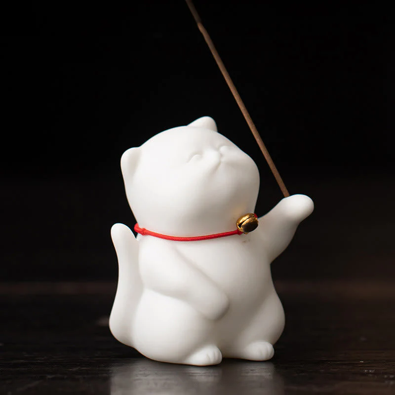 Cat Bell Ceramic Incense Burner with Bamboo Mat for Meditation - Image 8