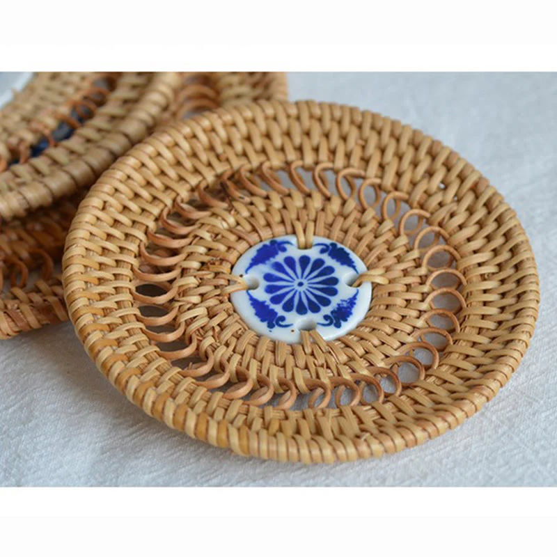 Ceramic Flower Pattern Rattan Cup Mat | 10cm Coaster - Image 16