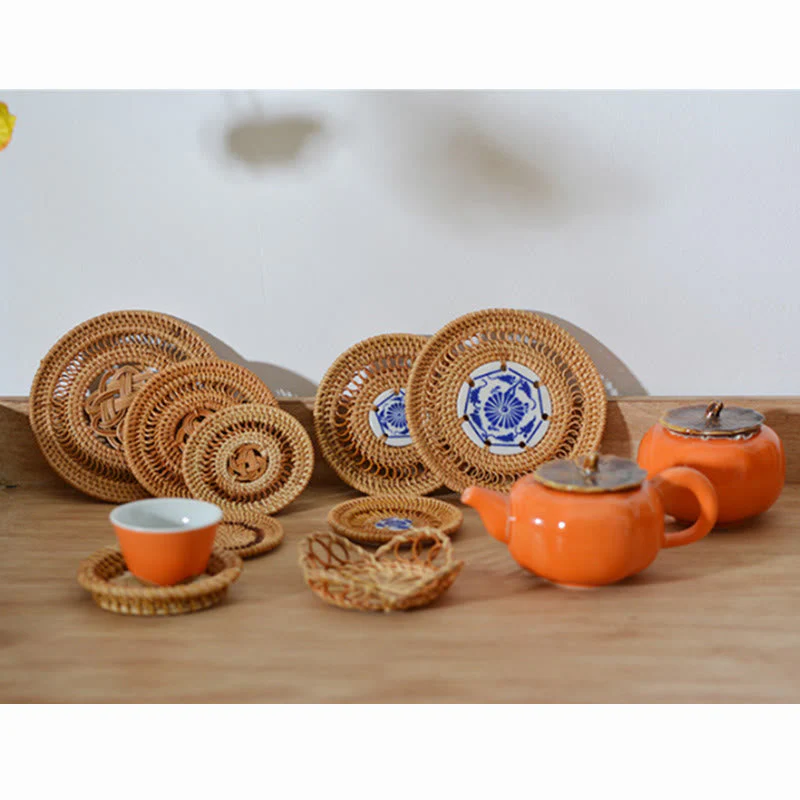 Ceramic Flower Pattern Rattan Cup Mat | 10cm Coaster - Image 21