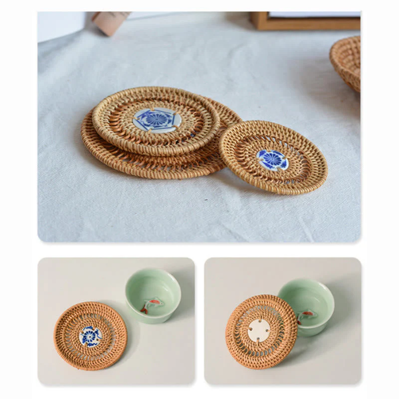 Ceramic Flower Pattern Rattan Cup Mat | 10cm Coaster - Image 6