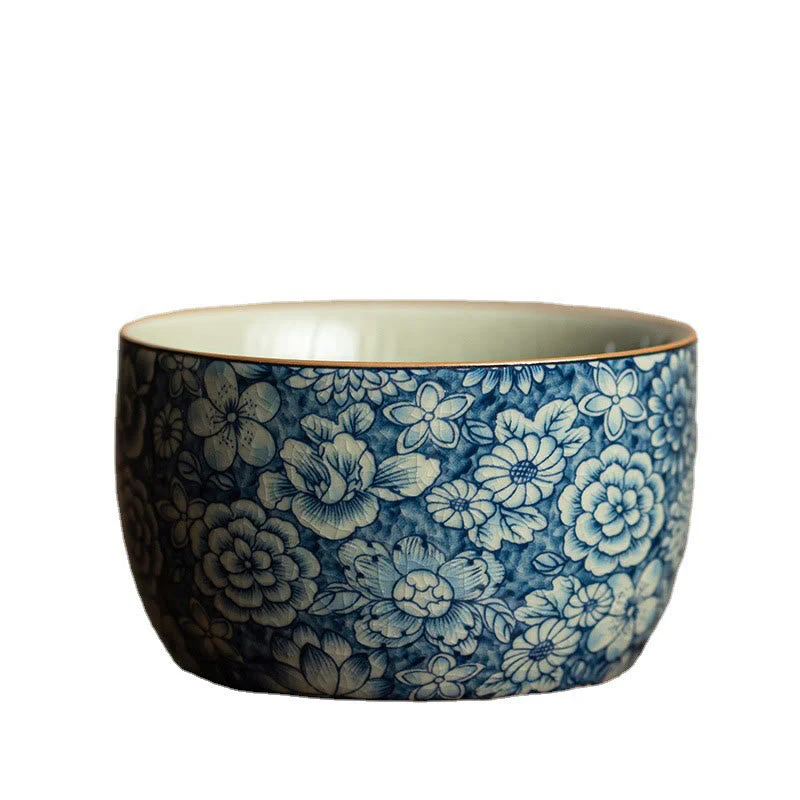 Ceramic Zen Tea Cup with Blue Lotus & Chrysanthemum Design 95ml - Image 13