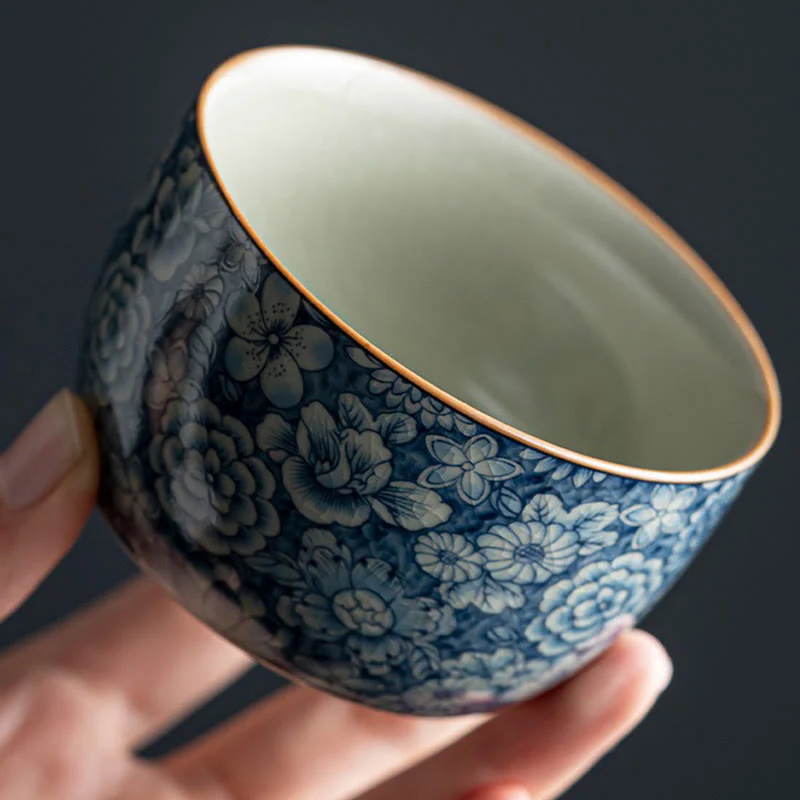 Ceramic Zen Tea Cup with Blue Lotus & Chrysanthemum Design 95ml - Image 9