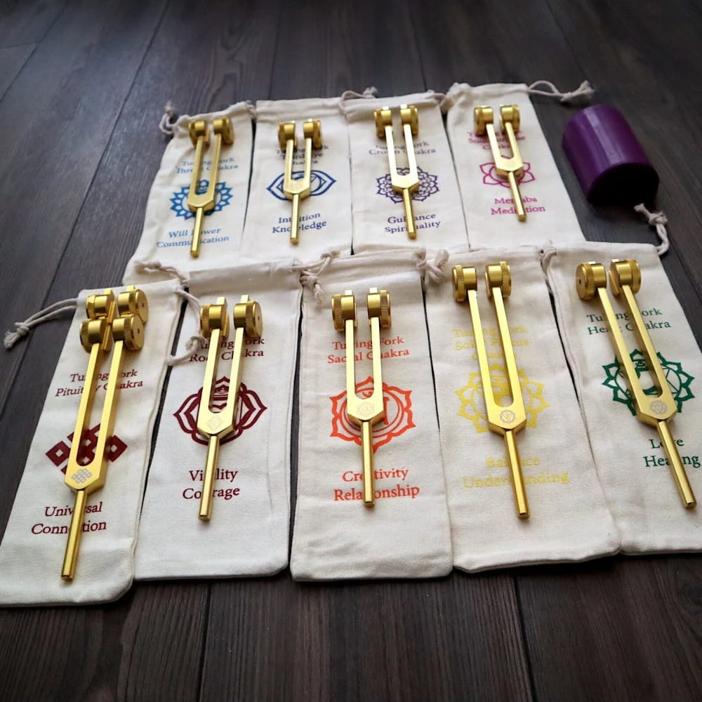 24K Gold 8pc Chakra Tuning Fork Set - Root to Crown Healing