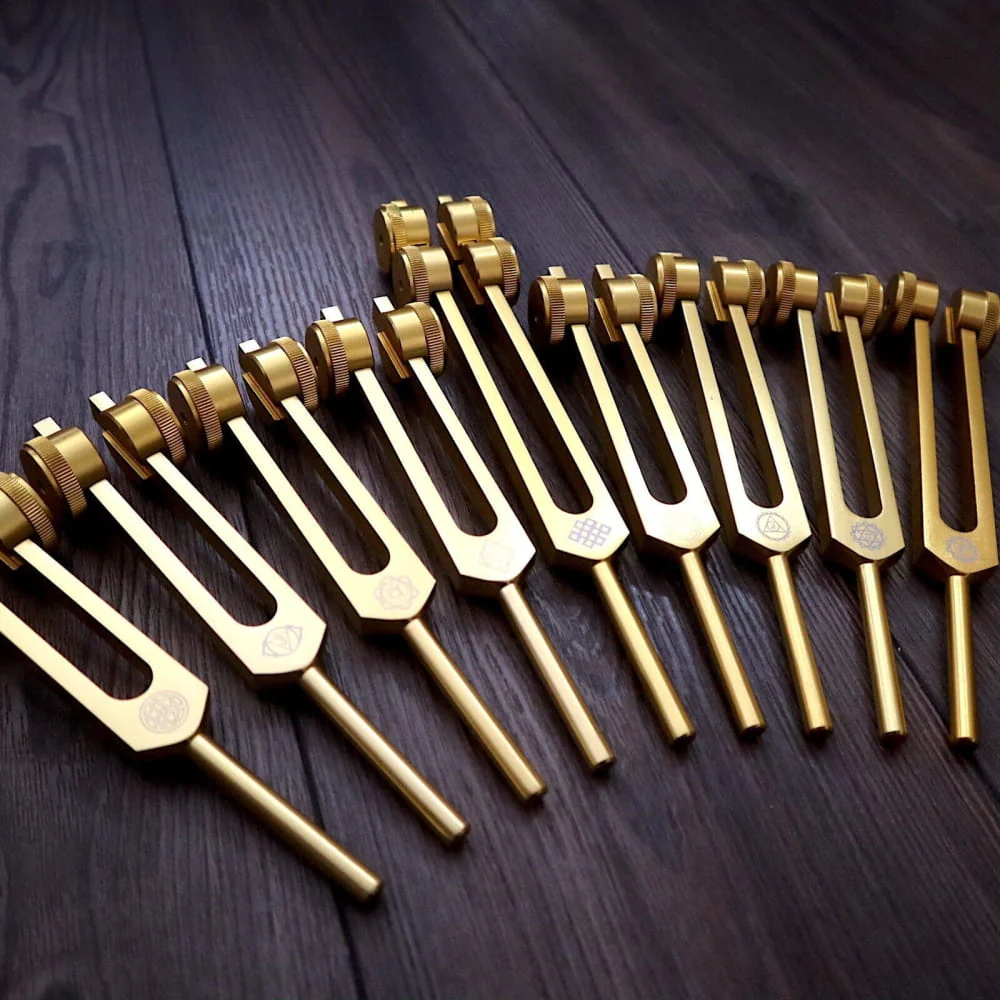 24K Gold 8pc Chakra Tuning Fork Set - Root to Crown Healing - Image 2