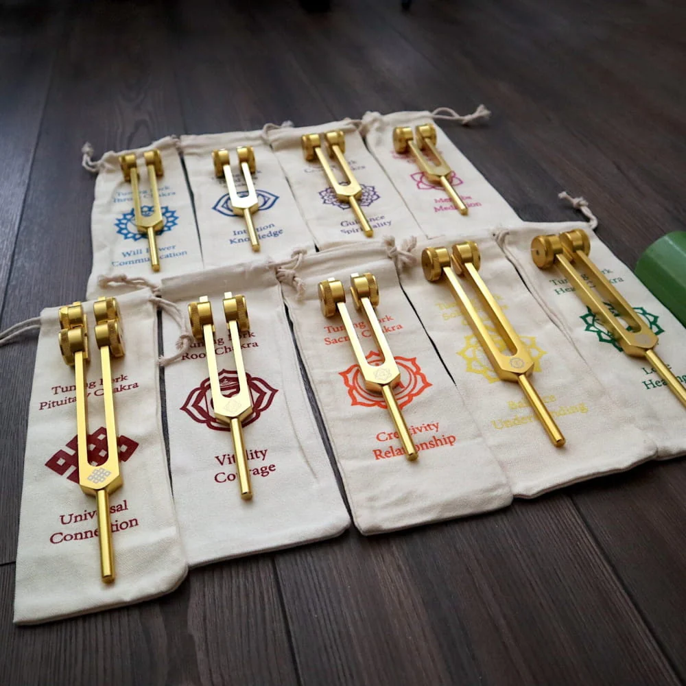 24K Gold 8pc Chakra Tuning Fork Set - Root to Crown Healing - Image 4