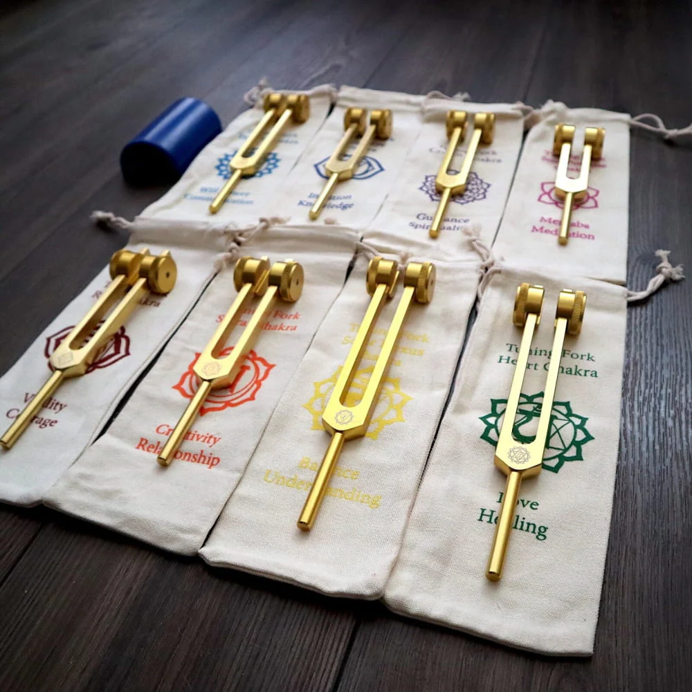 24K Gold 8pc Chakra Tuning Fork Set - Root to Crown Healing - Image 5