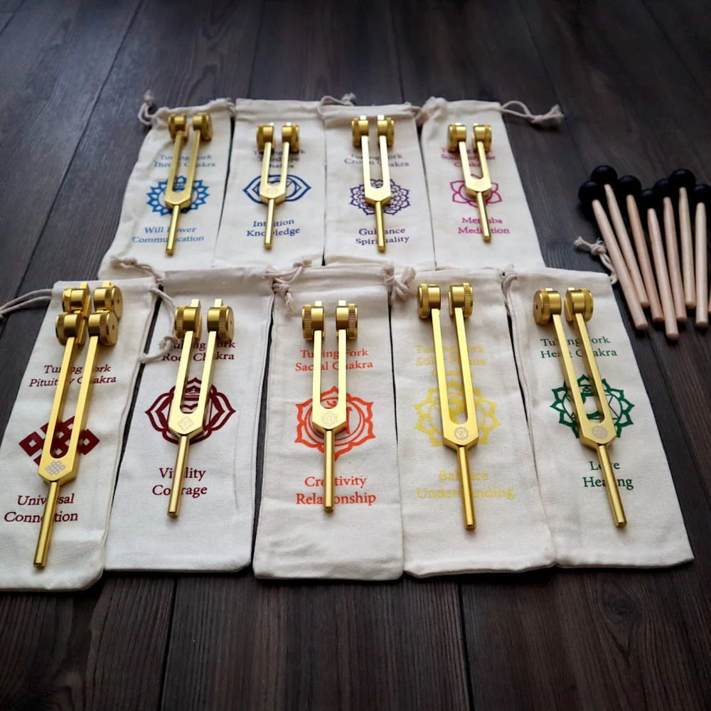 24K Gold 8pc Chakra Tuning Fork Set - Root to Crown Healing - Image 6