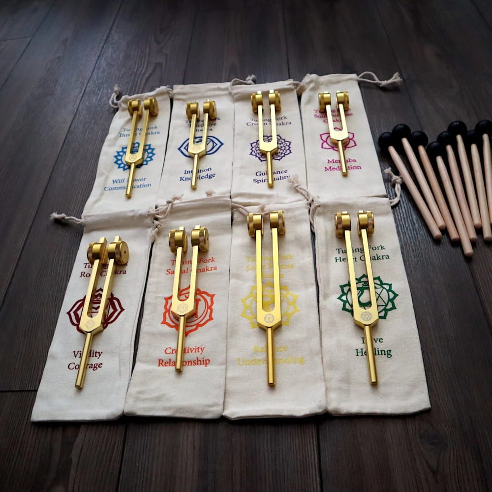 24K Gold 8pc Chakra Tuning Fork Set - Root to Crown Healing - Image 7