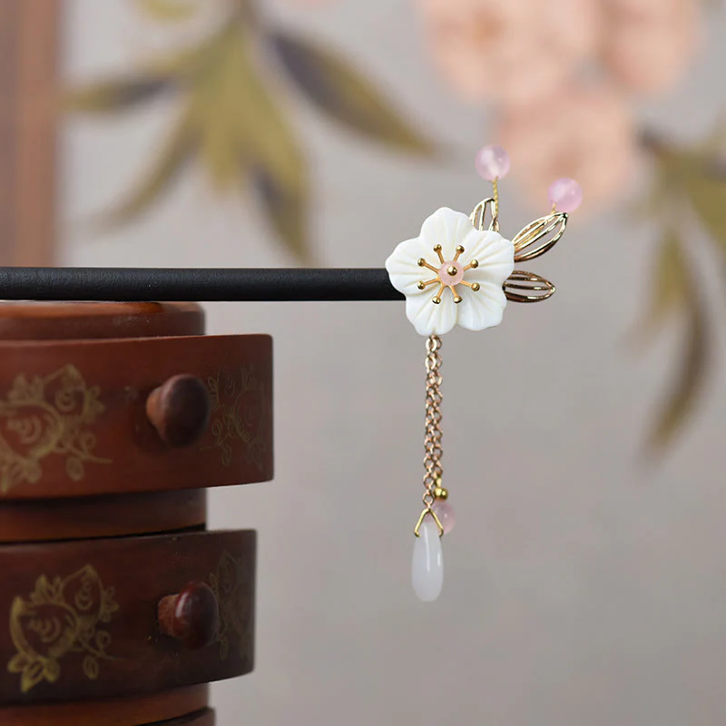 Classical Chinese Bauhinia Tassel Wood Hairpin - Image 2
